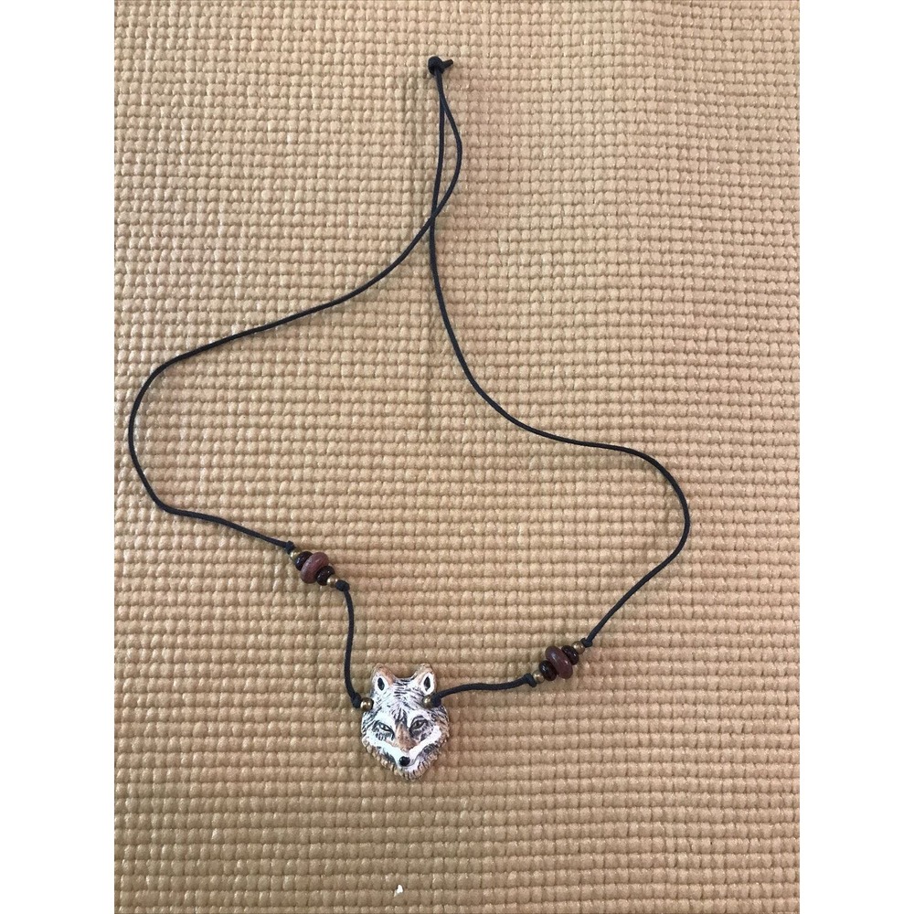 Western Handmade Polymer Clay Wolf Face 3D Beaded Cord Necklace Unique